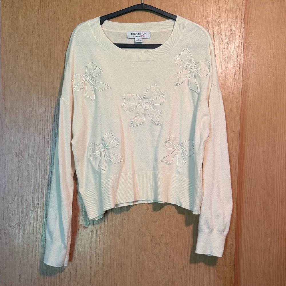 Bridgerton x Netflix NWOT Women Sweater Cream Bow Embroidered Crewneck